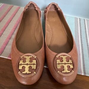 Tory Burch Tan Flats with Signature Logo
